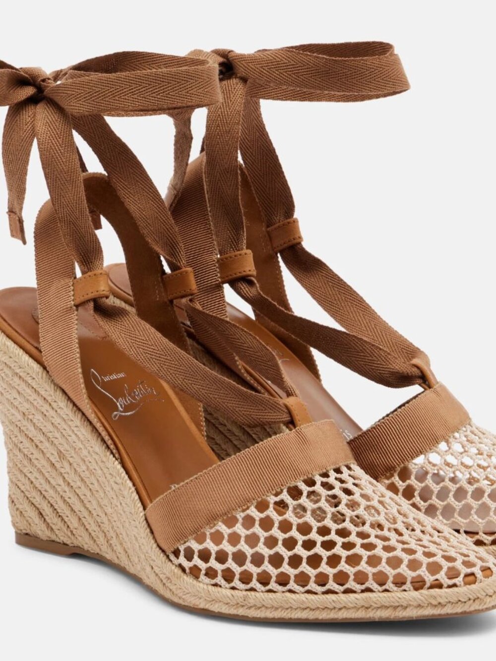 Christian Louboutin Toleda 85 Lionne Beige Mesh Lace Up Tie Wedge Sandal Heel 38